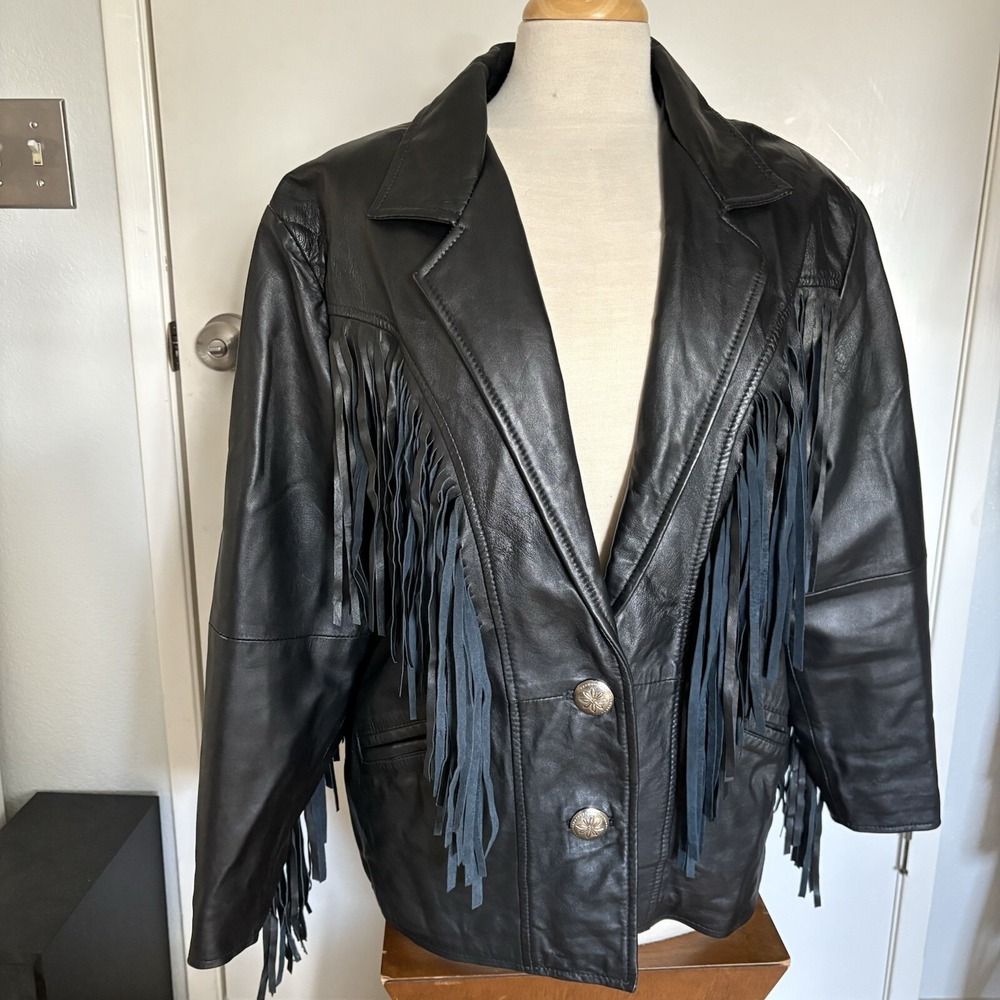 Vintage Scully Black Leather Suede Fringe Western Jacket Blazer Size 12